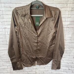 NEW Womens Silky Top Blouse Button Up Dark Taupe XS Wild Fable New with tags